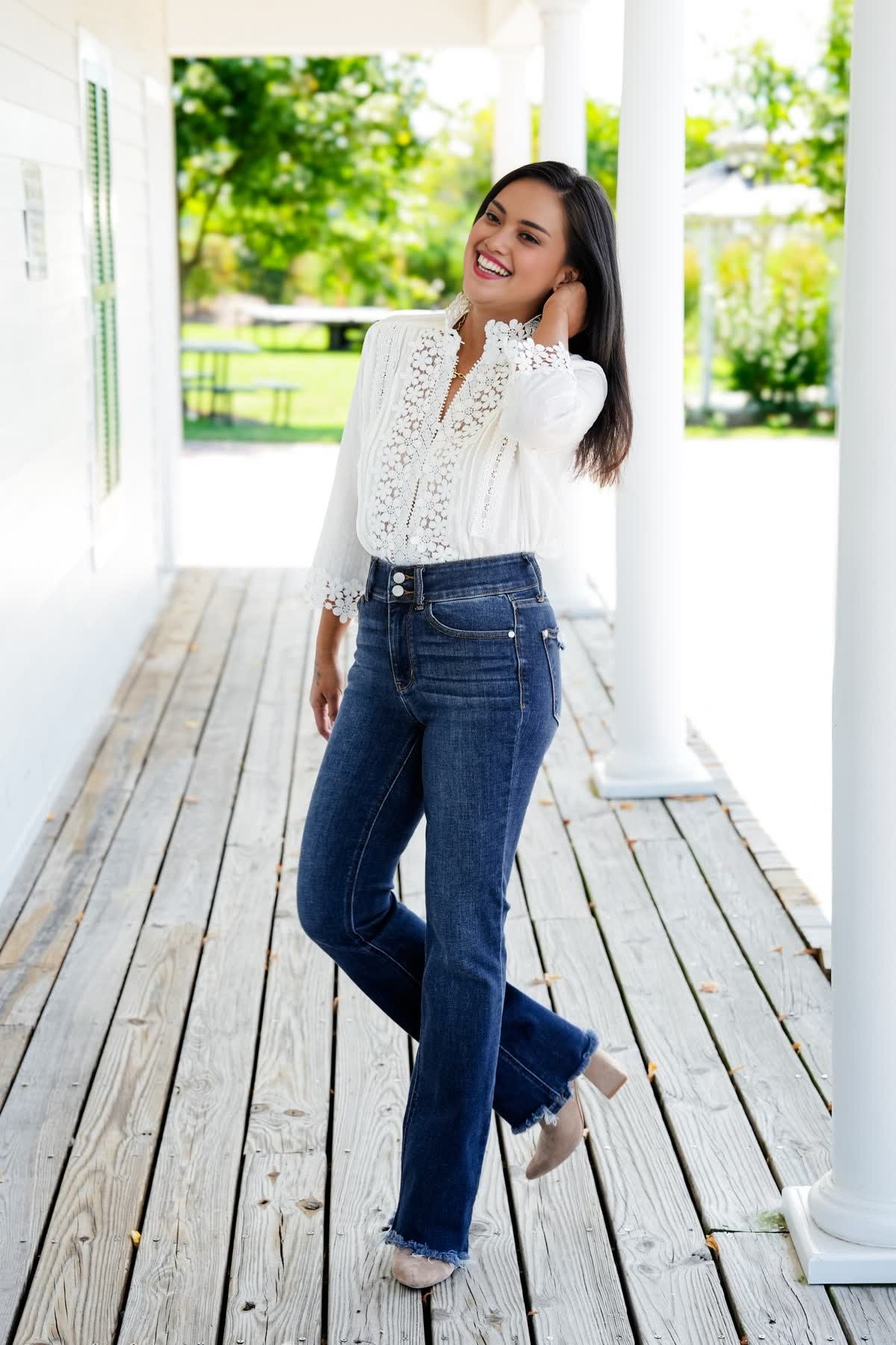 Vintage Double Button Frayed Hem Bootcut Jeans