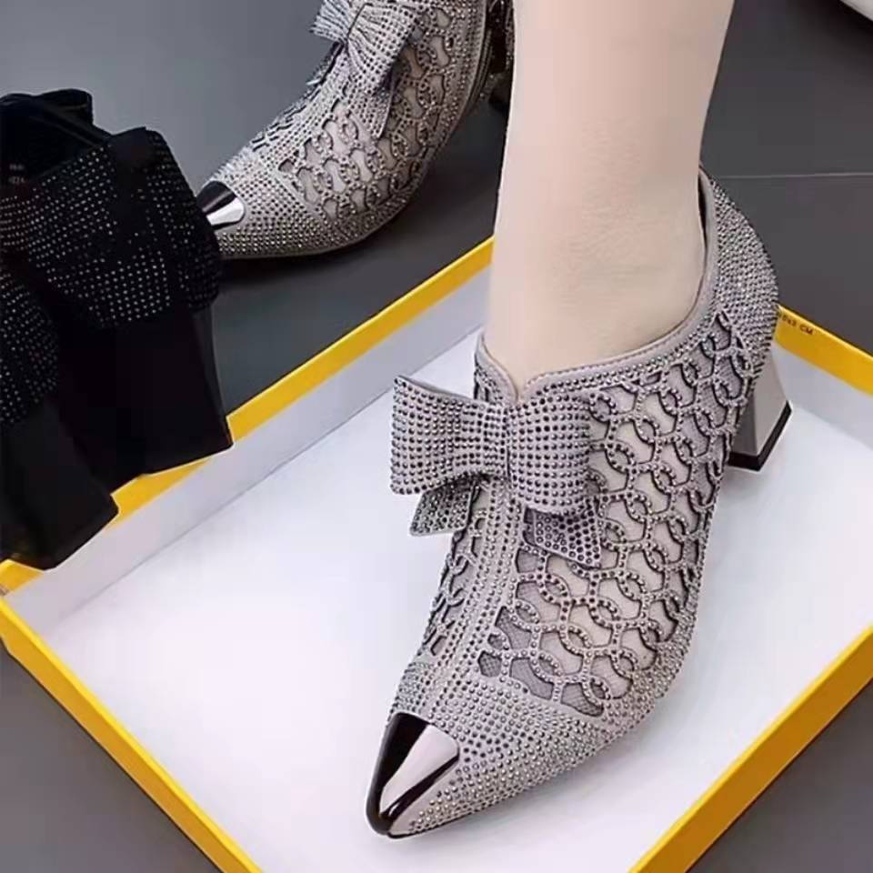 2023 summer casual  Rhinestone hollow chunky heel shoes and new belt buckle solid color plus size women's sandals