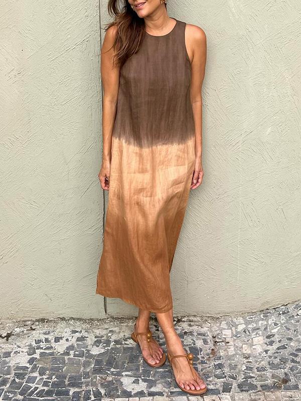 Women's Casual Cotton And Linen Sleeveless Slit Gradient Tie-Dye Long Dress