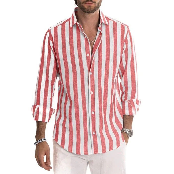 Men's Cotton Linen Striped Button Down Long Sleeve