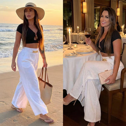 Women's Solid-Color High-Waisted Wide-Leg Pants