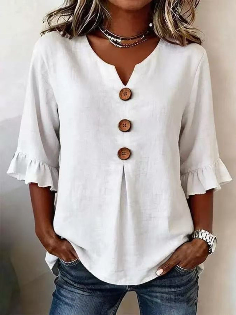 Button-Front Top with Ruffled Sleeves