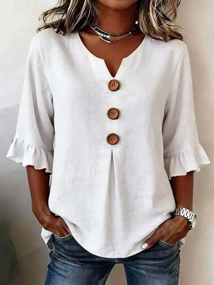 Button-Front Top with Ruffled Sleeves