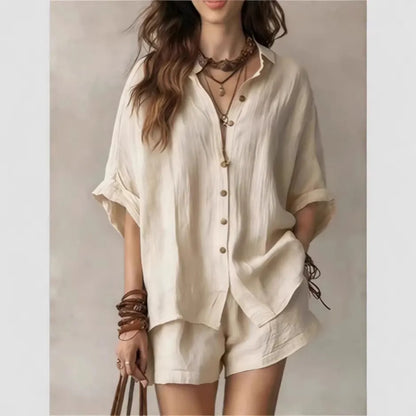 Women's Solid-Color Casual-Elegant Button-Front Shirt Two-Piece Set