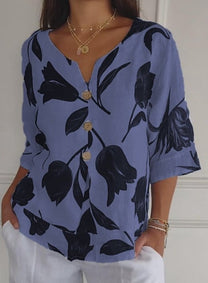 Printed Linen Cotton V Neck Pullover Shirt