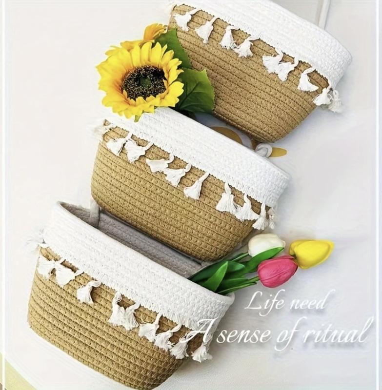 Bohemian Woven Storage Rack With Three-Tier Cotton Hanging Baskets