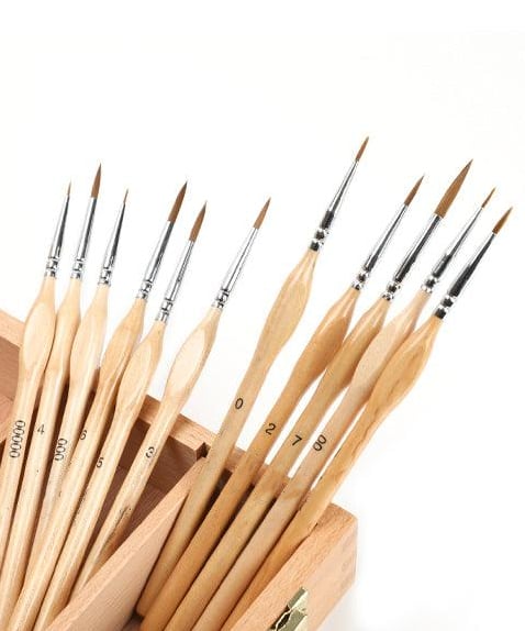 11 Pcs Miniature Detail Paint Brush Set With Natural Wood Handle