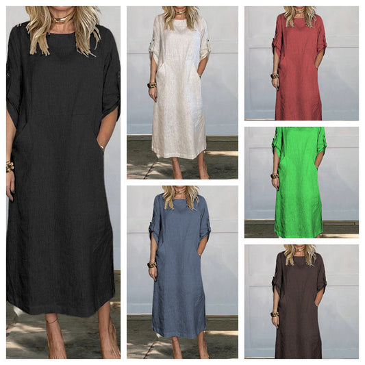 Women's Cotton And Linen Solid Color Loose Dresses