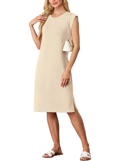 Women's Round Neck Loose Split Wrinkle-Free Midi Dress With Pockets