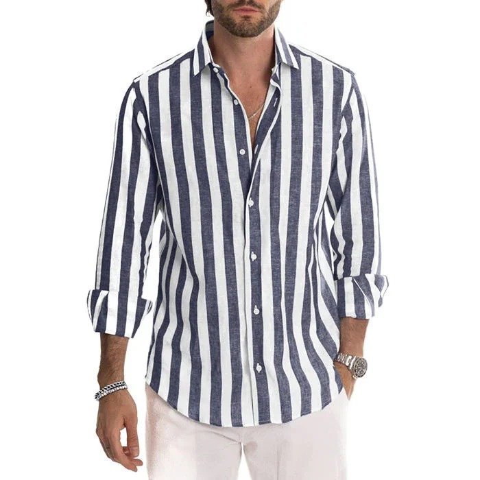 Men's Cotton Linen Striped Button Down Long Sleeve