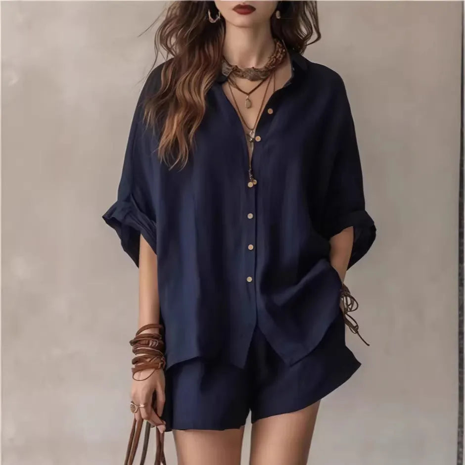 Women's Solid-Color Casual-Elegant Button-Front Shirt Two-Piece Set
