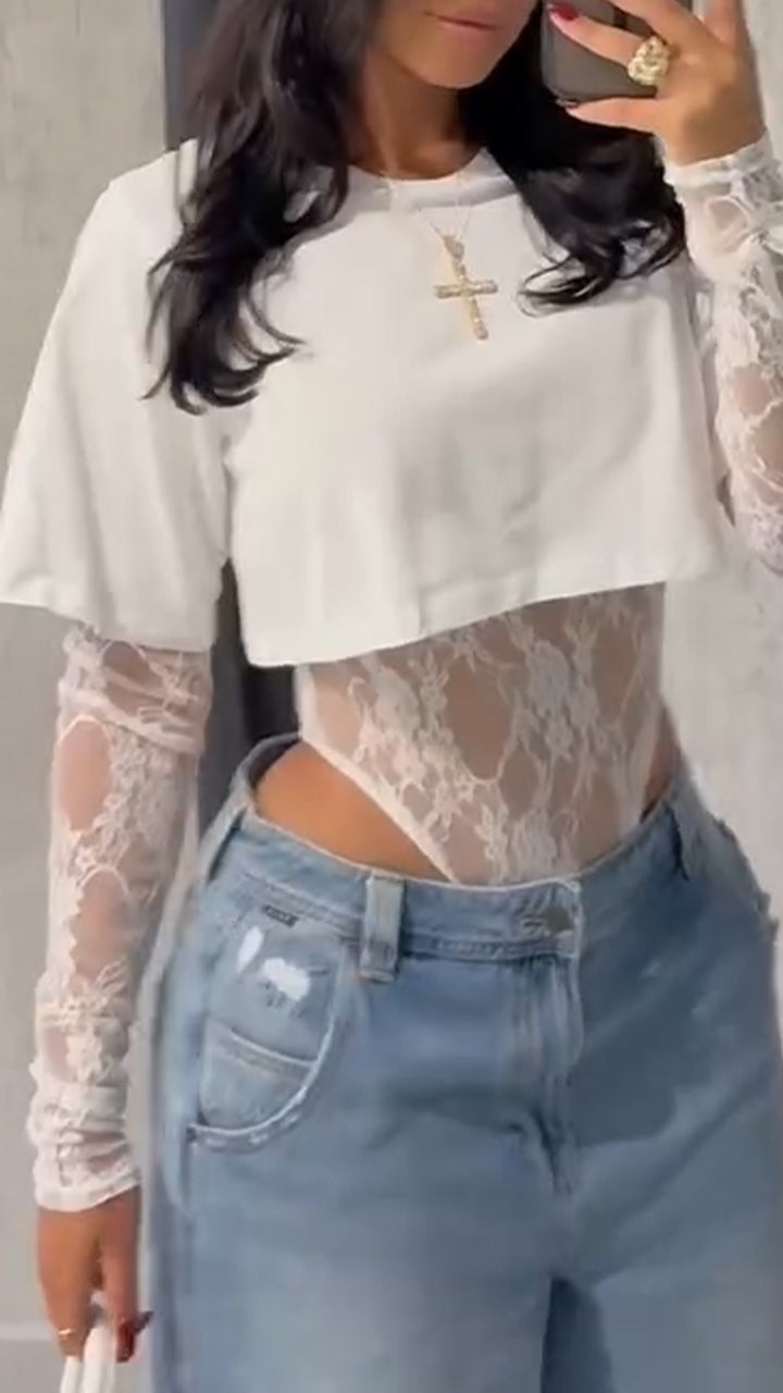 👗Women's Crew-Neck Top and Layered Lace Bodysuit