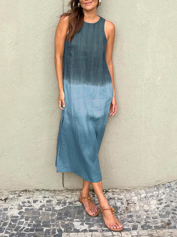 Women's Casual Cotton And Linen Sleeveless Slit Gradient Tie-Dye Long Dress
