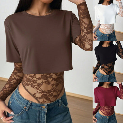 👗Women's Crew-Neck Top and Layered Lace Bodysuit