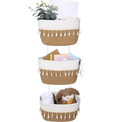 Bohemian Woven Storage Rack With Three-Tier Cotton Hanging Baskets