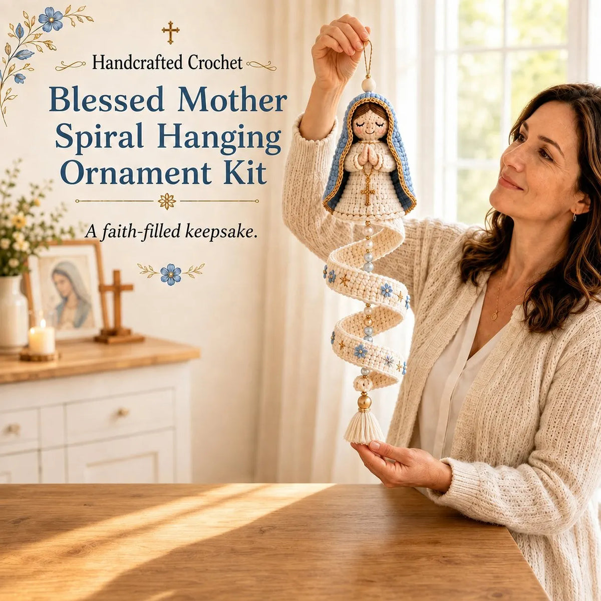 🩵Handcrafted Crochet Blessed Mother Spiral Hanging Ornament✝️